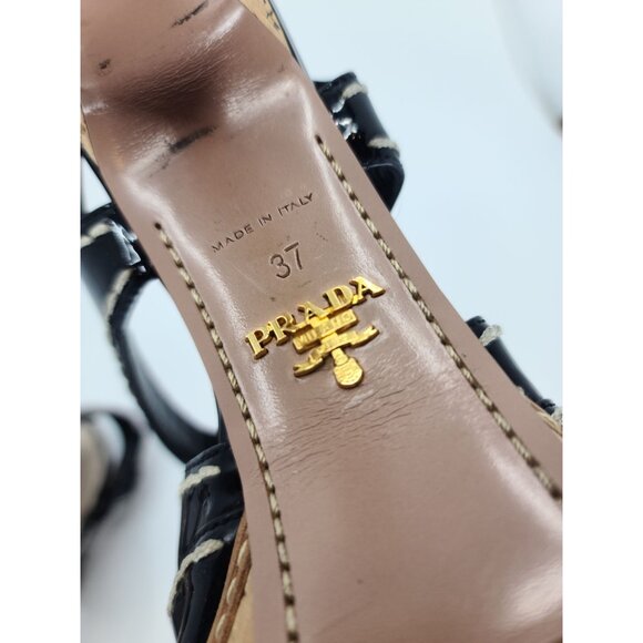 Prada Vintage Black PVC Crossover White Stitch Cork Platform Sandals Size 37 - Picture 6 of 7